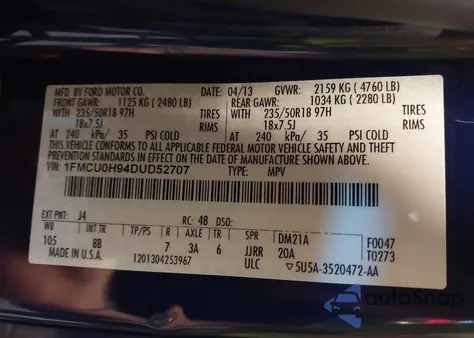 2013 Ford Escape Sel z USA, uszkodzony, nr VIN 1FMCU0H94DUD52707